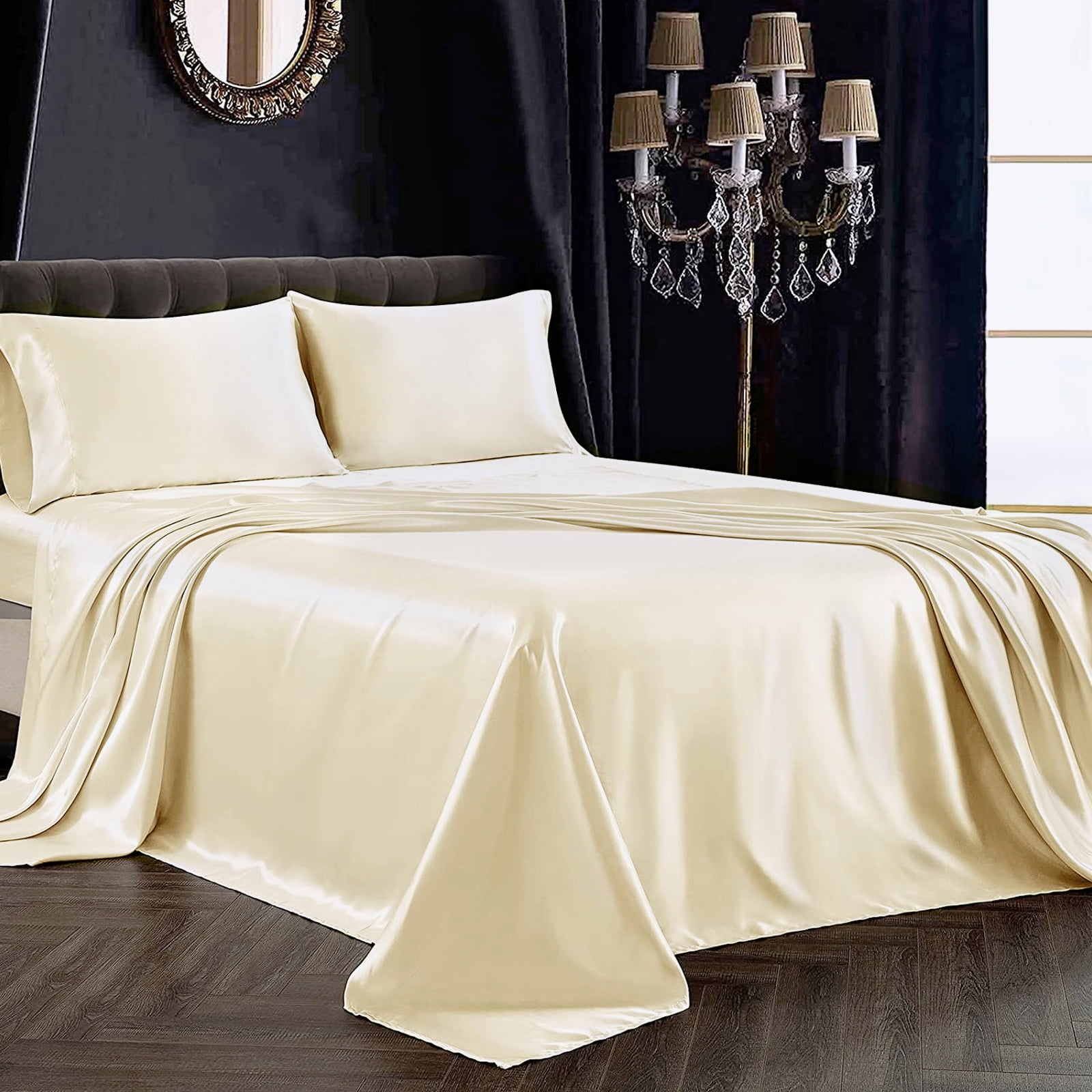 Silk Stain Sheets Set Deep Pocket Queen Sheets 4 Pieces with 2 Pillow Case Ivory Seasonwood