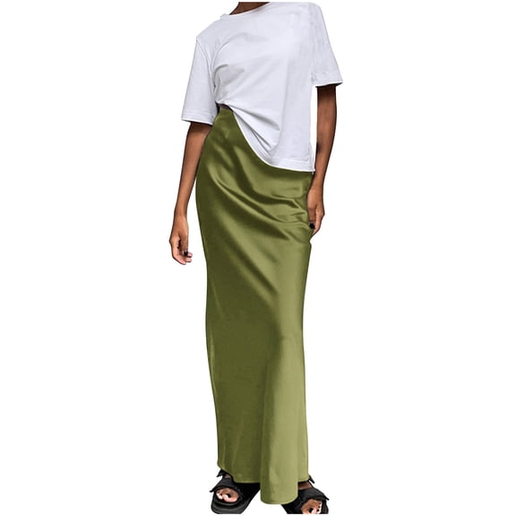 Amvlyk Silk Stain Skirts for Women Solid Color High Waist Maxi Skirt Summer Cool Trendy Long Straight Skirt Fashion Casual Breathable Skirt for Beach Date Going Out Party Walking