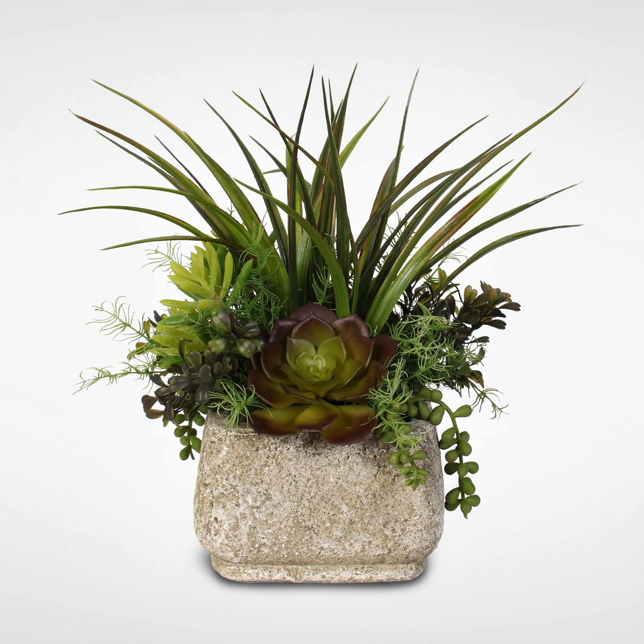 Green and Dark Brown Silk Succulent Arrangement in Stone Pot