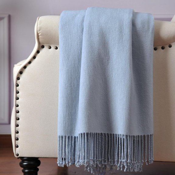 Silk Throw Blanket with Hand-Knotted Fringe, Natural, Soft & Breathable (Blue)