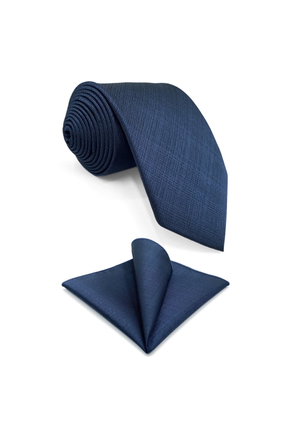Silk Ties for Men Neckties Modern Navy Solid Classic Size 57.5" with Pocket Square