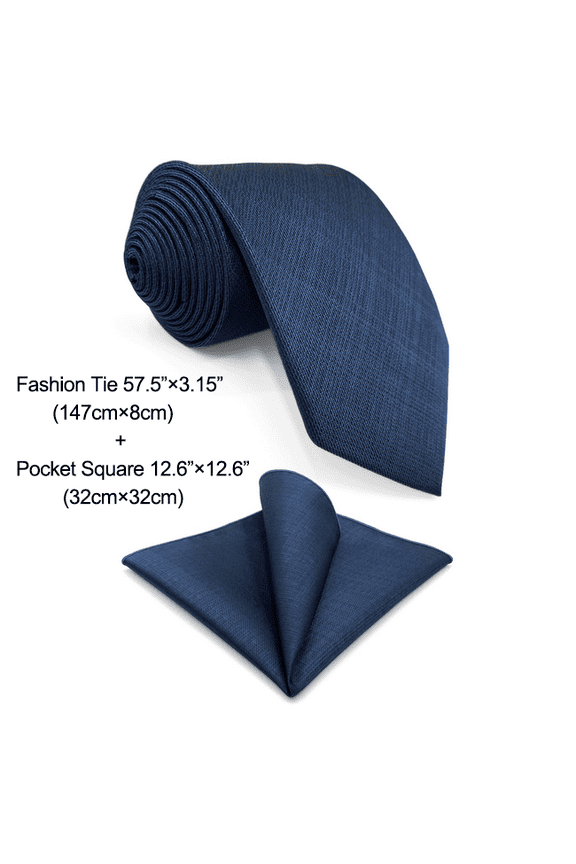 Silk Ties for Men Neckties Modern Navy Solid Classic Size 57.5" with Pocket Square