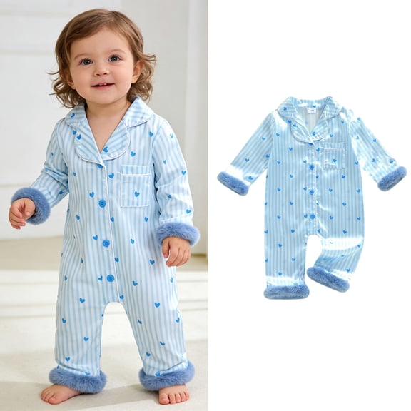 Silk Toddler Pajamas Valentines Pajamas Heart Print Feather Trim Button down Long Sleeve Jumpsuit Romper Infant Sleepers Girl 3-6 Months