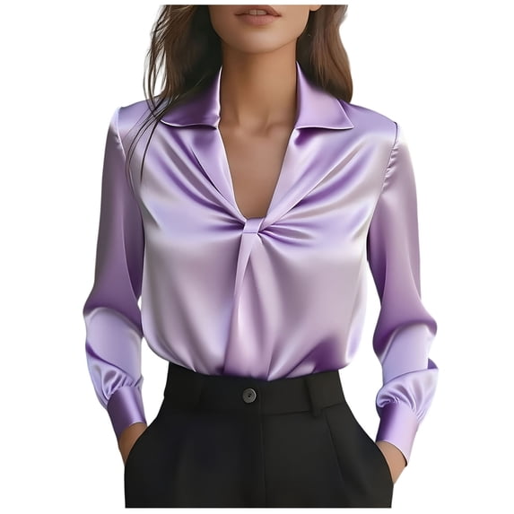 Silk Tops for Women Dressy Ruched V-Neck Long Sleeve Blouse Solid Color Lapel Collar Shirt Business Work Tops Blusa De Satin Para Mujer Elegante