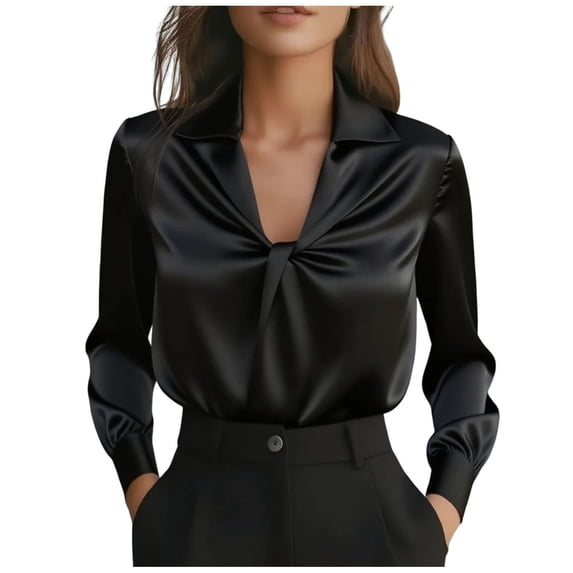 Silk Tops for Women Dressy Ruched V-Neck Long Sleeve Blouse Solid Color Lapel Collar Shirt Business Work Tops Blusa De Satin Para Mujer Elegante