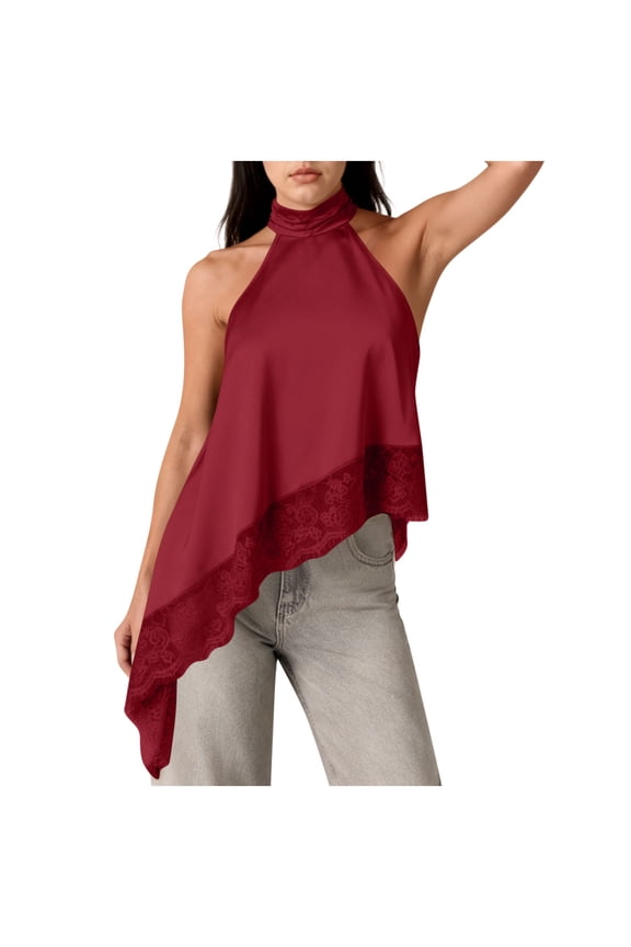 Silk Tops for Women Halter Mock Neck Sleeveless Blouse Dressy Y2K Lace Asymmetrical Hem Loose Summer Casual Going Out Tops