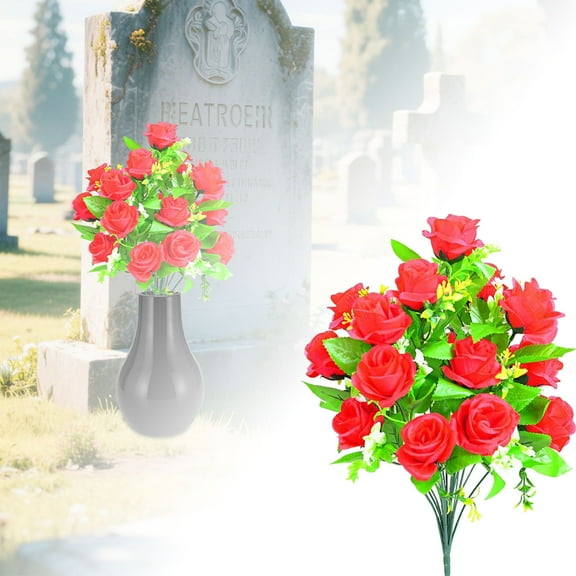 Silk Touch Cemetery Flowers - Fade Resistant Grave Saddle Arrangement, Weatherproof Memorial Roses for Headstones, All Season Outdoor Grave Decor