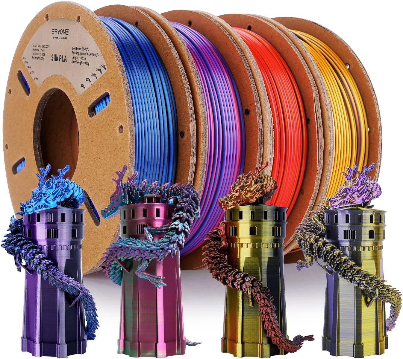 Silk Tri-Color Coextrusion PLA Filament, 3D Printer 1.75mm +/- 0.03mm, Triple Color 0.25kg/Spools, 4Pack(2.2lbs), Red/Gold/Black, Gold/Purple, Blue/Purple, Red/Blue/Green