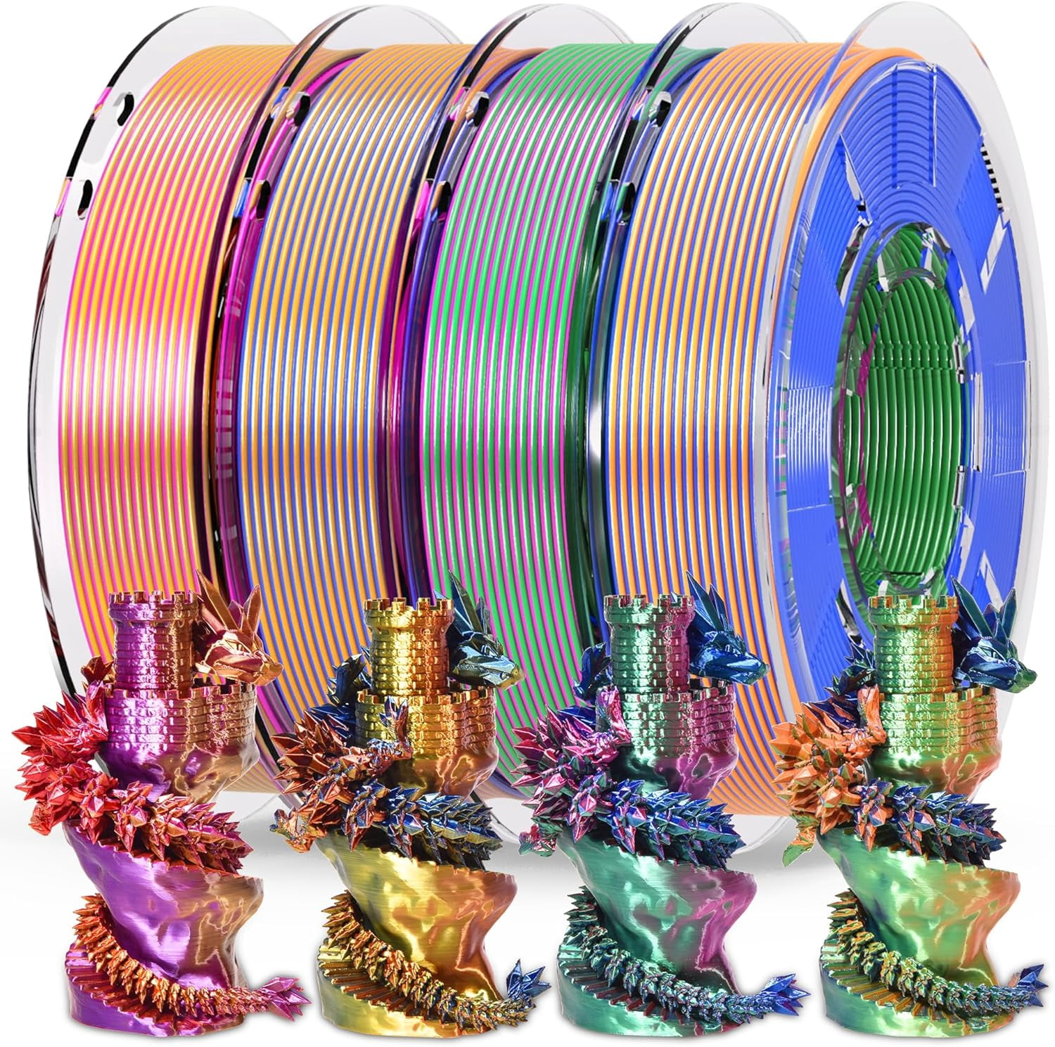 Silk Tricolor PLA 3D Printer Filament 1.75mm Shiny Multi-Color Change by Angle Filament 3D Printing PLA Filament Dimensional Accuracy +/- 0.02mm 250g*4