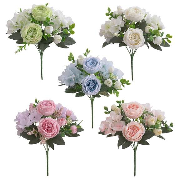 Silk Wedding Bouquet, Faux Flower Arrangements for Home Decor, Artificial Peonies and Roses with Greenery, Bendable Stems for Centerpieces, Vase Fillers or Hand Held Fake Flowers for Party, Office