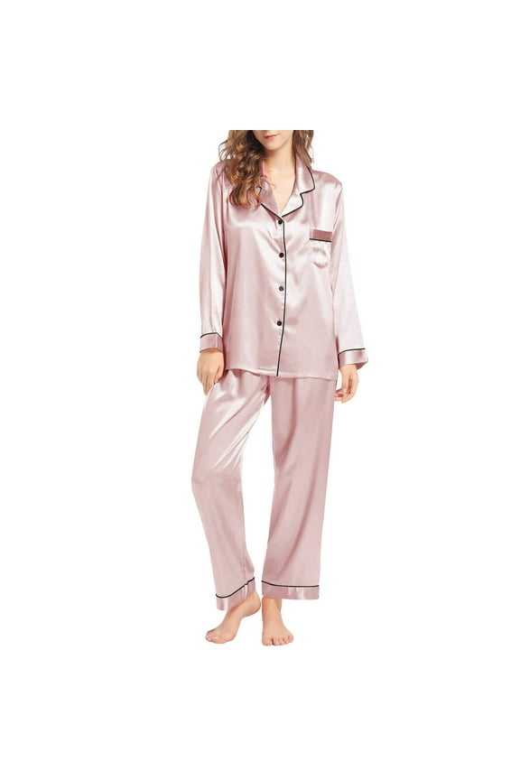 Silk Women's Pajama Sets Womens Silk Like Pajamas Long Sleeve Set Two Piece Sleepwear Button Down Nightwear Loungewear Sets, Women Pajama Sets M