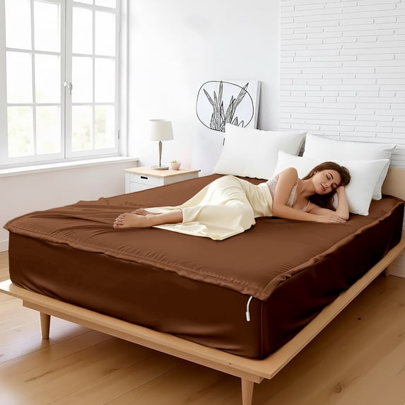 Silk Zip On Fitted Sheets Cal King Size 72X84 - Includes 2 Zip On Sheets +1 Bottom Fitted Base - Fit's 16” In Deep Pocket - Easy to Use,Soft,Smooth -Fitted Sheet -Brown - Color