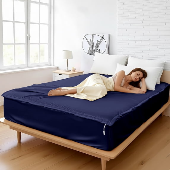 Silk Zip On Fitted Sheets Cal King Size 72X84 - Includes 2 Zip On Sheets +1 Bottom Fitted Base - Fit's 16” In Deep Pocket - Easy to Use,Soft,Smooth -Fitted Sheet -NavyBlue - Color