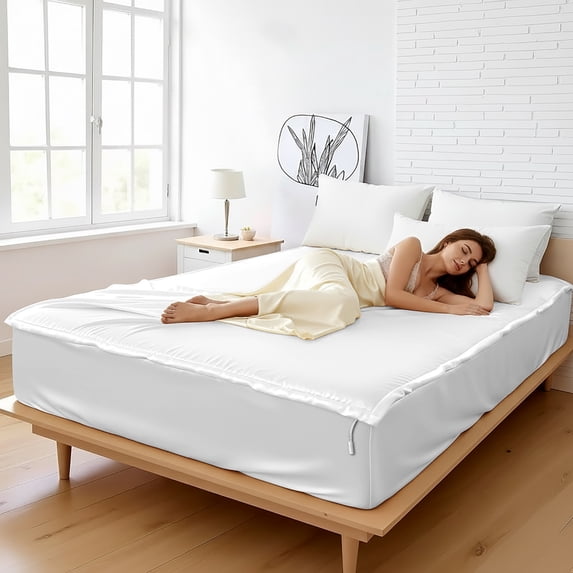 Silk Zip On Fitted Sheets Full XL Size 54X80 - Includes 2 Zip On Sheets +1 Bottom Fitted Base - Fit's 16” In Deep Pocket - Easy to Use,Soft,Smooth -Fitted Sheet-White - Color