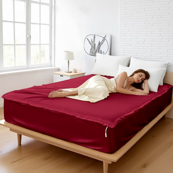 Silk Zip On Fitted Sheets Twin XL Size 39X80 - Includes 2 Zip On Sheets +1 Bottom Fitted Base - Fit's 16” In Deep Pocket - Easy to Use,Soft,Smooth -Fitted Sheet-Burgundy - Color