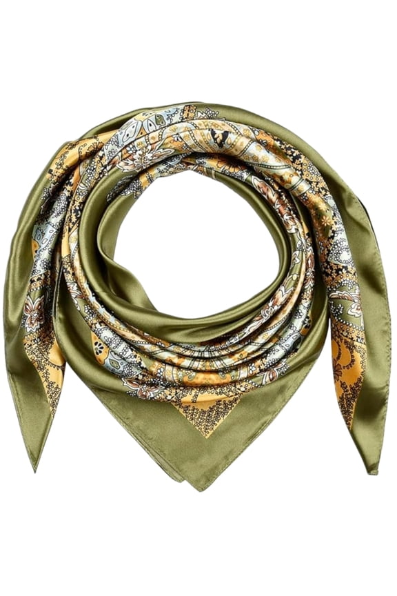 Silk-feel Polyester Satin Multi-Functional Bandana, Paisley Floral Print, Olive Green