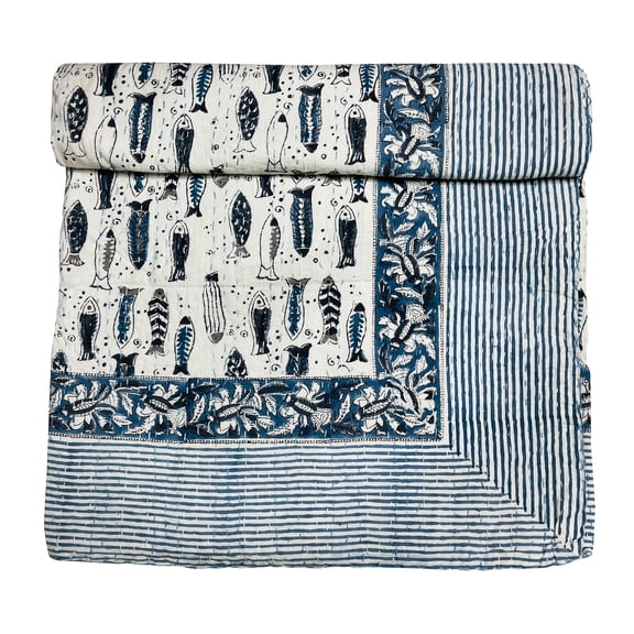 Silk gram New Indian Hand Block Print 100% Cotton Kantha Quilt Jaipuri Fish Print King/Queen Size