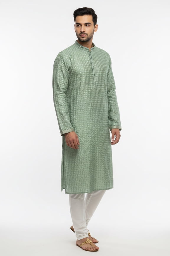 Silk kurta pajama with embroidery and mirror work