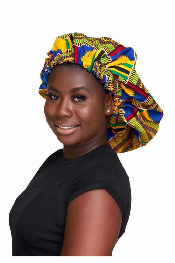 Silk linked Bonnet, African Print Kente / Ankara - Kumi XL Bonnet