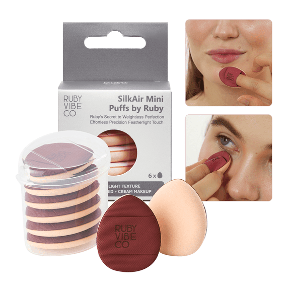 SilkAir Mini Triangle Powder Puffs, Makeup Applicator, Latex-Free Velvet with Sponge Core, Red, 6 Mini Puffs per Pack, Washable Wet or Dry, All Skin Types | RUBY VIBE CO