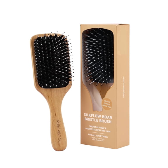 SilkFlow Boar Bristle Hair Brush, Bamboo Handle, Detangling, Smooths Frizz, Natural Boar Bristle + Nylon, Eco-Friendly, All Hair Types | RUBY VIBE CO