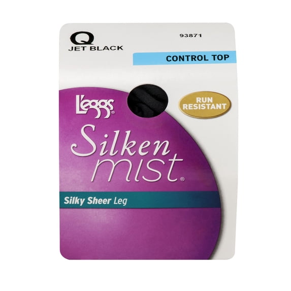Silken Mist Silky Sheer Leg Control Top Run Resistant Jet Black Q, 1.0 PR