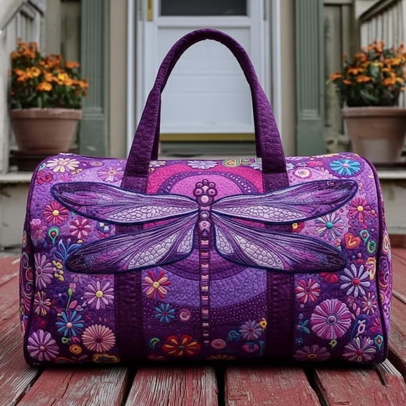 Silken Skies Quilted Duffle Bag: Purple Dragonfly Floral Travel Bag, Best Gifts For Mom