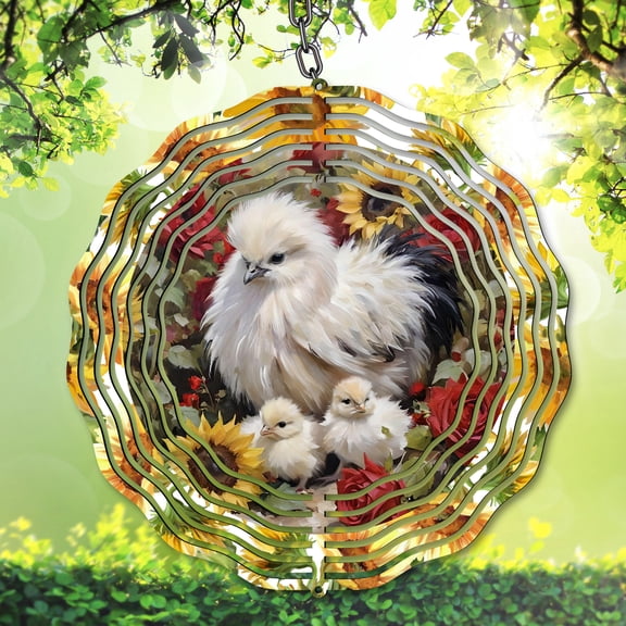 Silkie Chicken Wind Spinner, Farmhouse Hen and Chicks Sunflower Floral Metal Outdoor Yard Decor