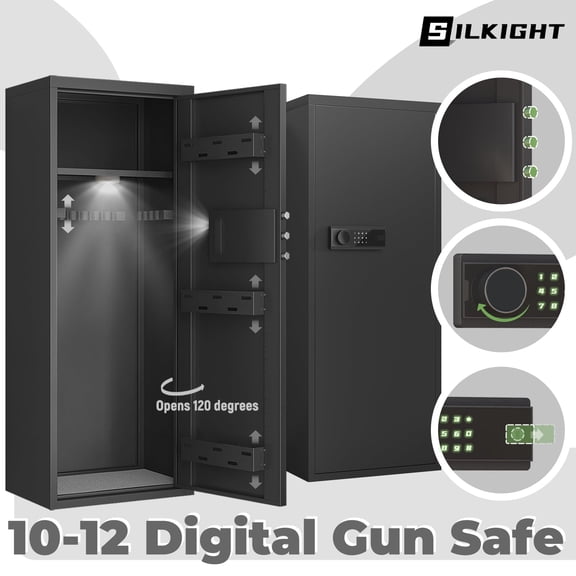 Silkight 10-12 Gun Safe, Large Unassembled Safe Box with Backlit Electronic Keypad, Fire-Proof Gun Cabinet Home Safe with Removable Shelves & Adjustable Metal Box