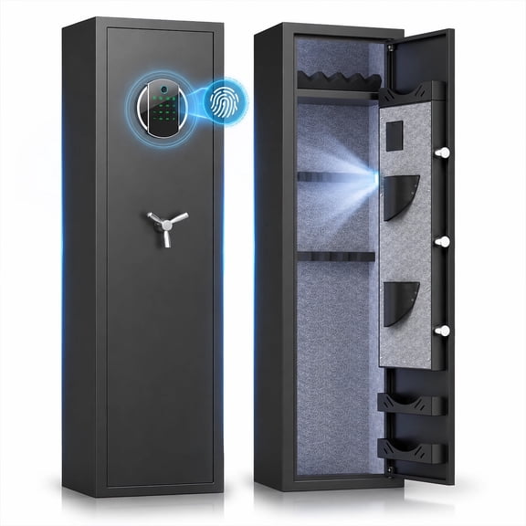 Silkight 5-10 Gun Safe, Biometric Long Gun Safes with Fingerprint, Digital Gun Safe with Backlit Keypad & LED Light, Gun Cabinet with 3 Adjustable Gun Slots, Removable Shelf, Ammo Box