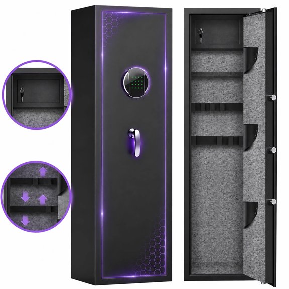 Silkight 5-10 Gun Safe, Quick Access Password Long Gun Safe, Digital Gun Safe with Backlit Keypad & LED Light for Shotguns and Pistols, Gun Cabinet with Adjustable Racks, Removable Shelf