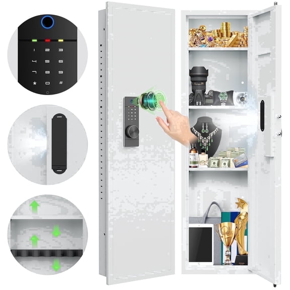 Silkight 53.15" Wall Safe Between the Studs, Biometric Fingerprint Hidden Safe with Dual Alarm System and Silent Mode, Wall Gun Safe with 3 Adjustable Shelves and Magnetic Slot