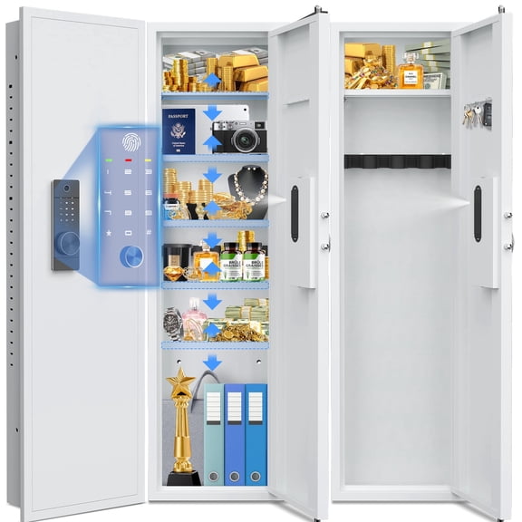 Silkight 53.15" Wall Safe Between the Studs, Biometric Fingerprint Hidden Safe with Dual Alarm System and Silent Mode, Wall Gun Safe with 5 Adjustable Shelves and Magnetic Slot