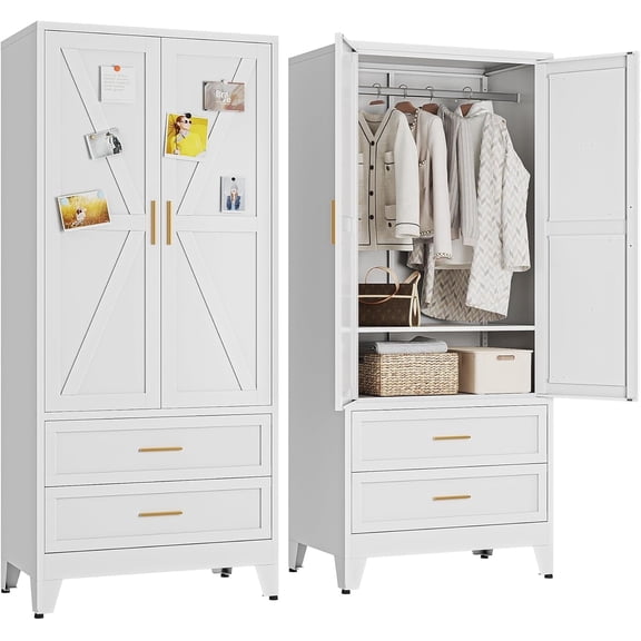 Silkight 71" Metal Wardrobe Armoire, Heavy-Duty Steel Closet with 2 Doors, 2 Drawers & Adjustable Shelves, Rust-Proof Storage Cabinet with Hanging Rod, Gold Handles, Anti-Tip Kit Included