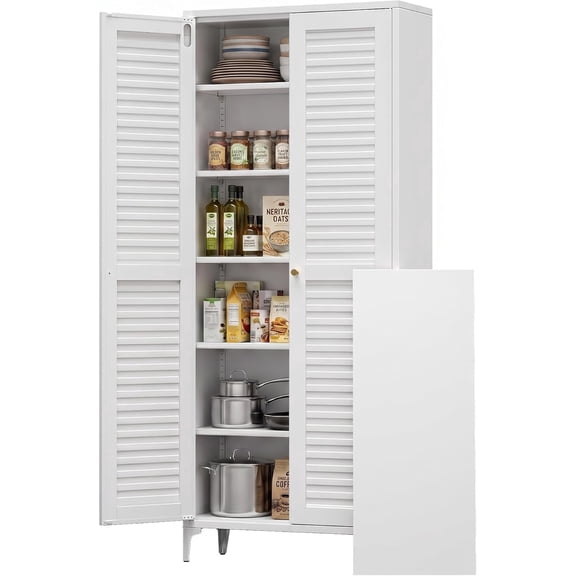 Silkight 74.2" Metal Storage Cabinet with 5 Adjustable Shelves & Louvered Doors, Heavy-Duty Pantry Organizer for Kitchen, Laundry, Bathroom, 720 lbs Total Weight Capacity, Anti-Tip Design