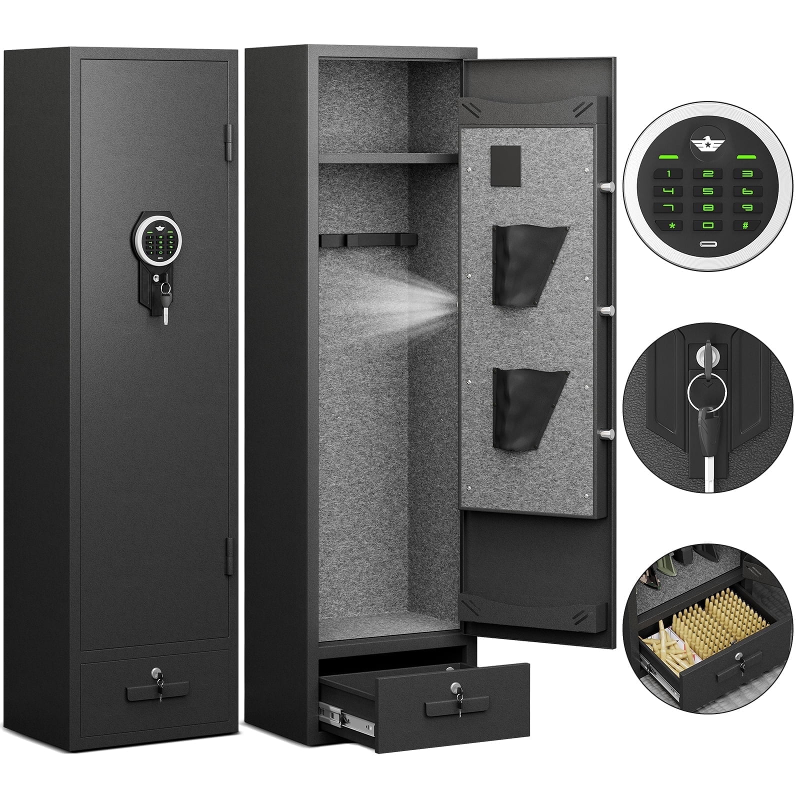 Silkight Gun Safe, 4-5 Digital Keypad Gun Safes for Home,Long Gun Cabinet for Handgun, Quick Access Gun Storage for Handgunand Shotguns,1 Compartments with Drawers,Adjustable Gun Support & Shelf