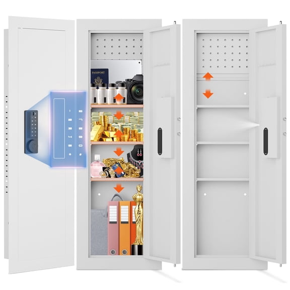 Silkight Heavy Duty In-Wall Hidden Safe Between Studs, Wall Gun Safe with Adjustable Shelves & Magnetic Gun Rack, Dual Alarm System, LED Light, Fits Standard 16" Centers