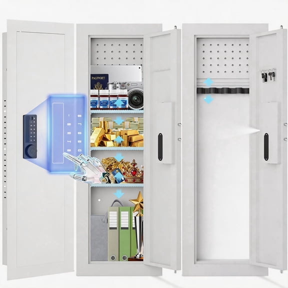 Silkight Heavy Duty In-Wall Hidden Safe Between Studs, Wall Gun Safe with Adjustable Shelves & Magnetic Gun Rack, Dual Alarm System, LED Light, Fits Standard 16" Centers