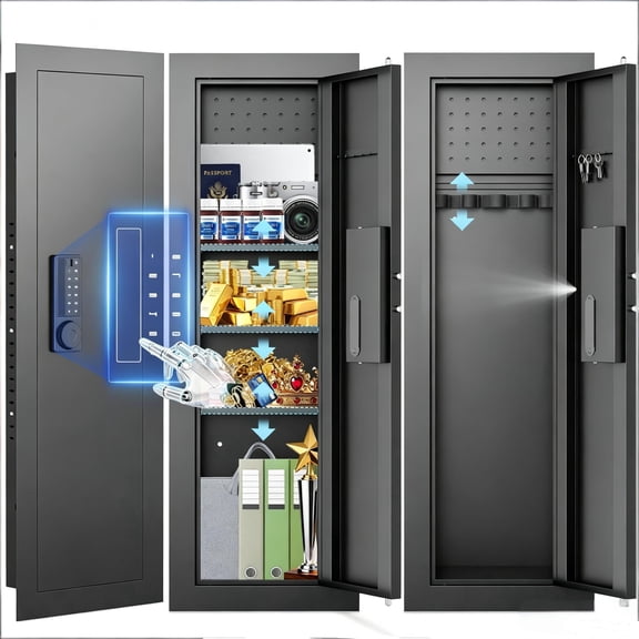 Silkight Heavy Duty In-Wall Hidden Safe Between Studs, Wall Gun Safe with Adjustable Shelves & Magnetic Gun Rack, Dual Alarm System, LED Light, Fits Standard 16" Centers