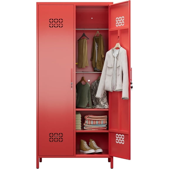 Silkight Metal Armoire Wardrobe with Lockable Doors, 71" Tall Clothing Storage Cabinet with Adjustable Shelves & Hanging Rods for Bedroom, Laundry Room
