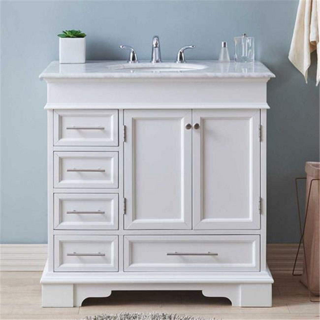Carrara White Marble Top Single Sink Bathroom Vanity with Solid Wood Cabinet