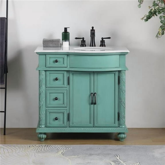 Silkroad Exclusive Sanger Bathroom Single Sink Vanity Green Carrara White Top with Right Sink Distressed, Oil Rubbed Bronze Finish, Painted