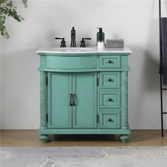 Silkroad Exclusive  Sanger Bathroom Single Sink Vanity Green Carrara White Top with Left Sink Distressed, Oil Rubbed Bronze Finish, Painted