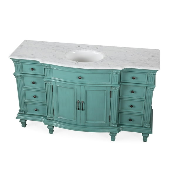 Silkroad Exclusive 60-inch Stone Top Bathroom Single Sink Vanity Green Carrara White Marble Top Distressed, Oil Rubbed Bronze Finish, Painted