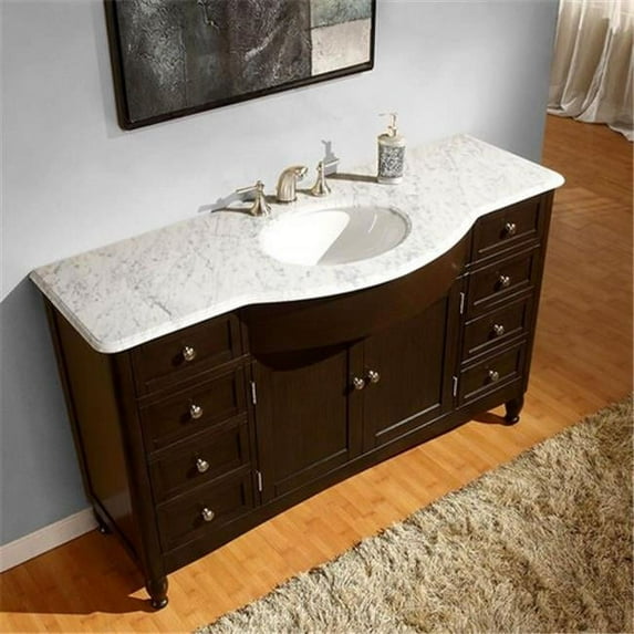 Silkroad Exclusive Modern Carrara White Marble Bathroom Vanity- Single Sink - 58 in. Wide