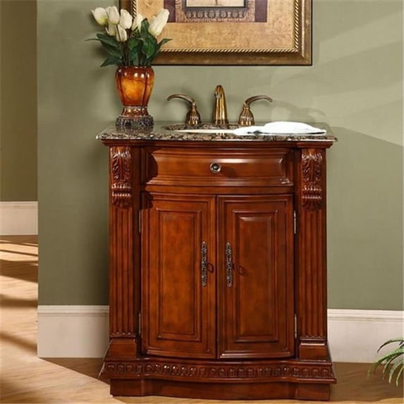 Silkroad Exclusive Traditional Baltic Brown Granite Bathroom Vanity- Single Sink - 33 in. Wide