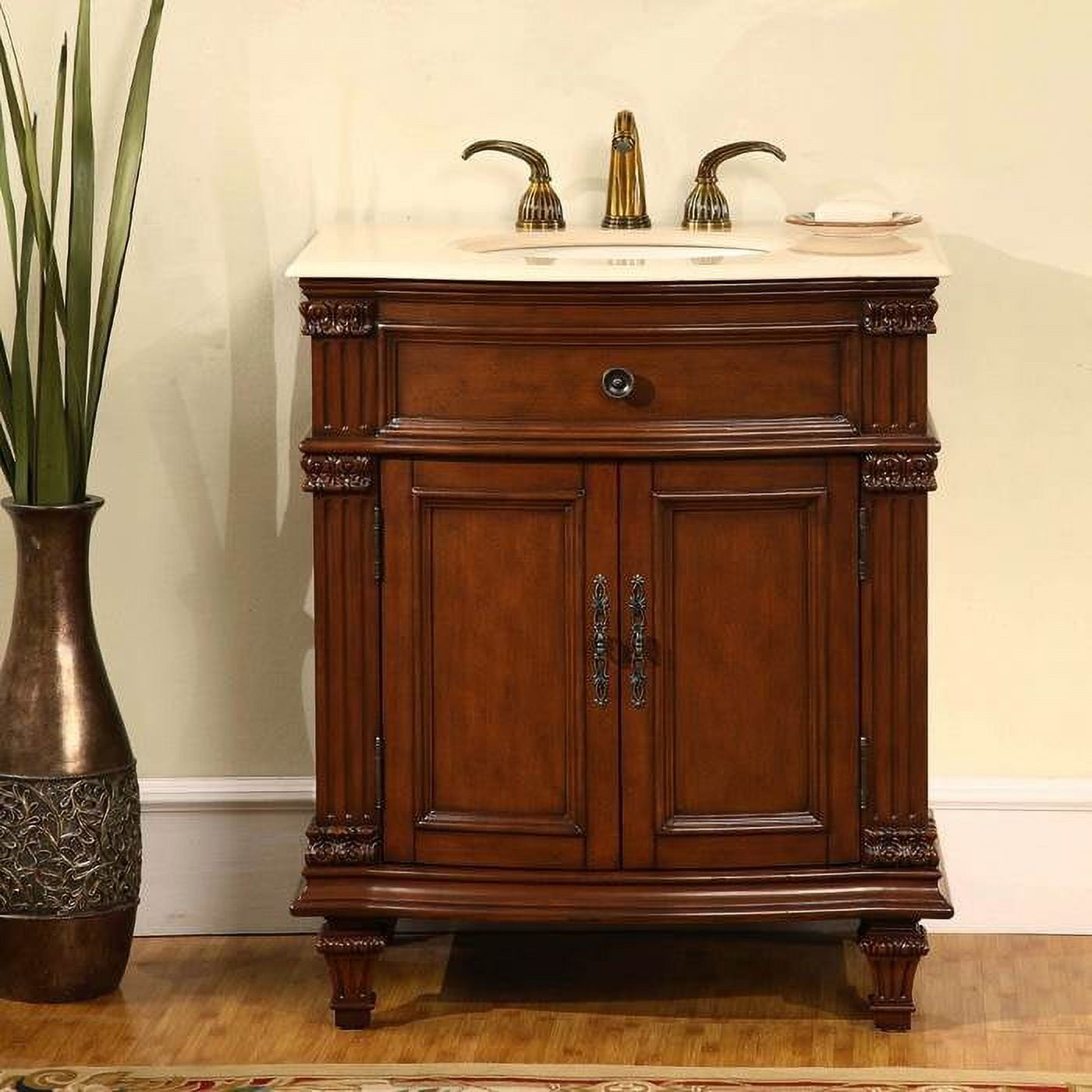 Silkroad Exclusive Traditional Cream Marfil Marble Bathroom Vanity- Single Sink - 30.5 in. Wide