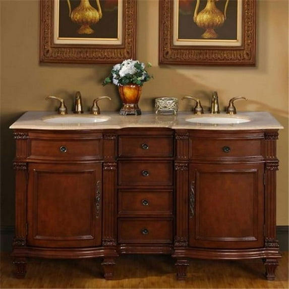 Silkroad Exclusive Traditional Travertine Bathroom Vanity- Double Sink - 60 in. Wide