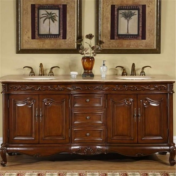 Silkroad Exclusive Traditional Travertine Bathroom Vanity- Double Sink - 72 in. Wide