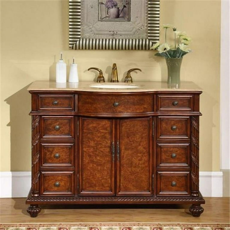 Silkroad Exclusive 48in Wide Single Sink Bathroom Vanity in Brazilian Rosewood with Traditional Travertine Top Walmart